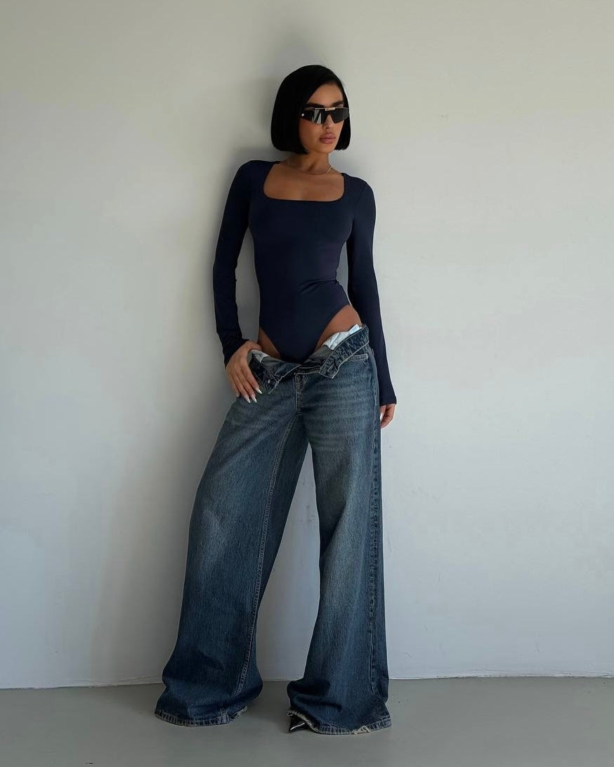 Navy Long Sleeve Square Neck Bodysuit | بودي سوت كحلي بأكمام طويلة