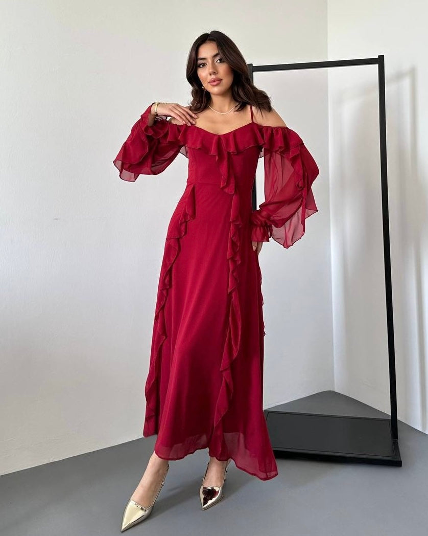 Long Red Dress with an Off-Shoulder Design | فستان أحمر طويل