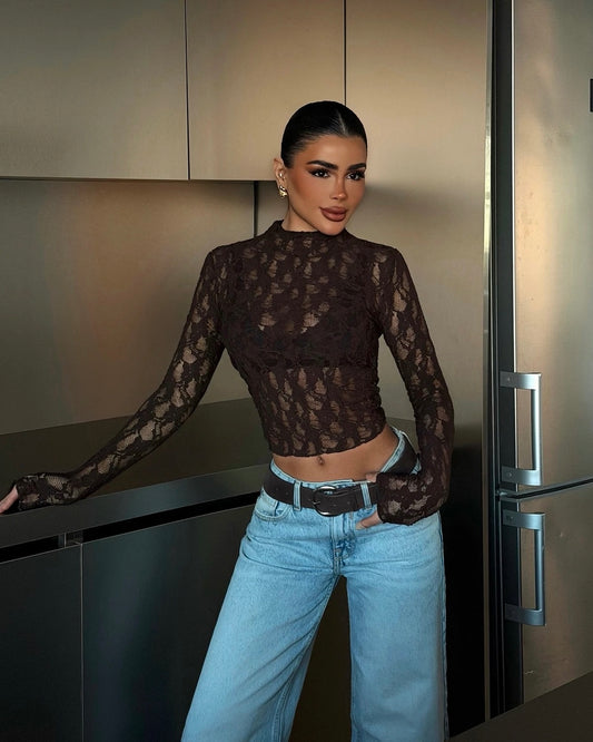 Dark Brown Lace Transparent Top | توب دانتيل شفاف باللون البني