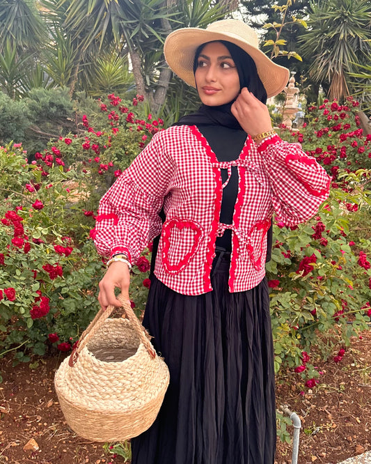 Blouse With a Red Gingham Pattern & Heart Details | بلوزة بنقشة مربعات باللون الأحمر وتفاصيل قلب