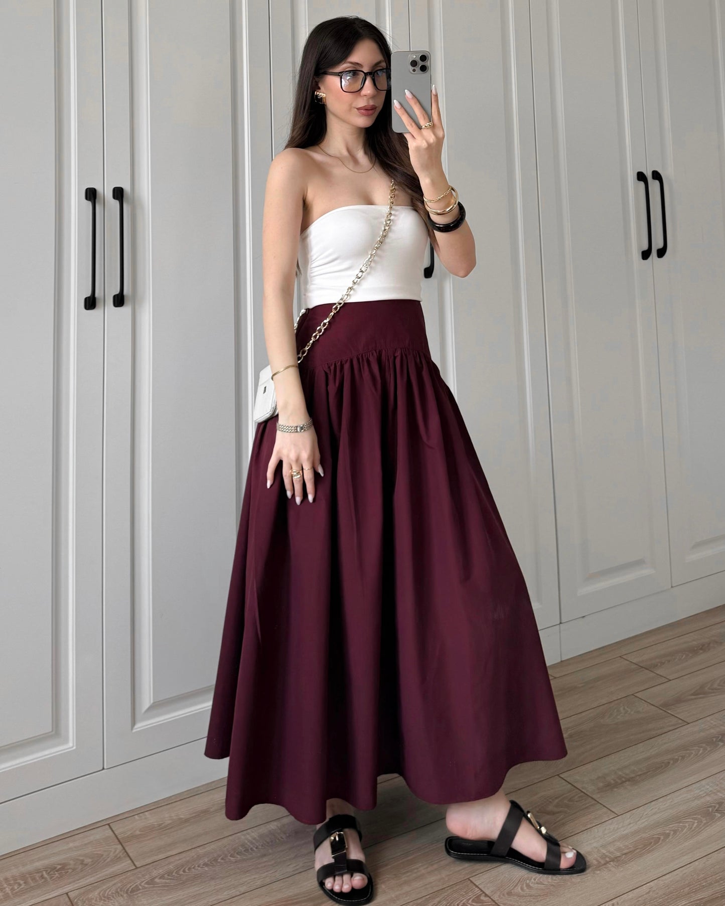 Burgundy High Waist Gathered Maxi Skirt | تنورة طويلة باللون الخمري بخصر عالي وكسرات ناعمة