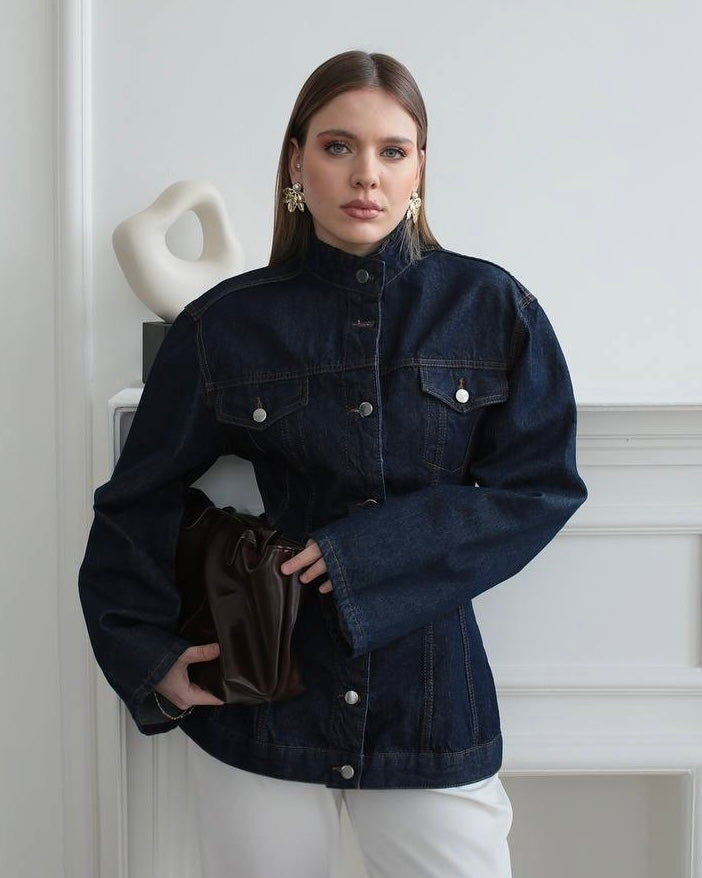Dark Indigo Structured Denim Jacket | جاكيت جينز داكن بياقة عالية وأكمام واسعة