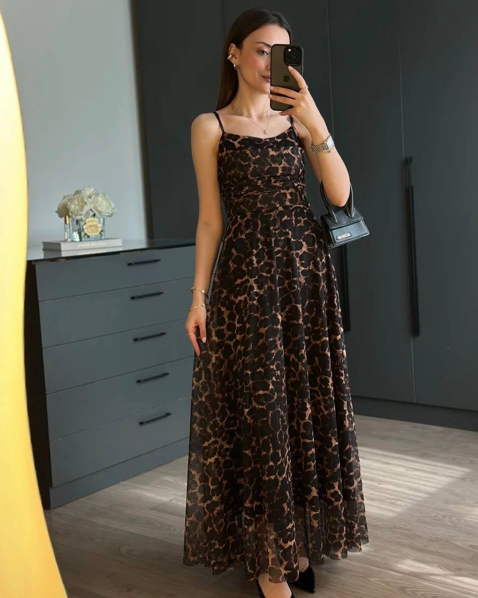 Elegant Leopard Print Mesh Maxi Dress | فستان ماكسي نسائي أنيق بنقشة ليوبارد