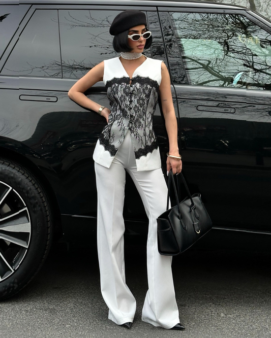 White Lace Vest & Wide-Leg Pants Set | طقم فيست دانتيل وبنطلون واسع باللون الابيض