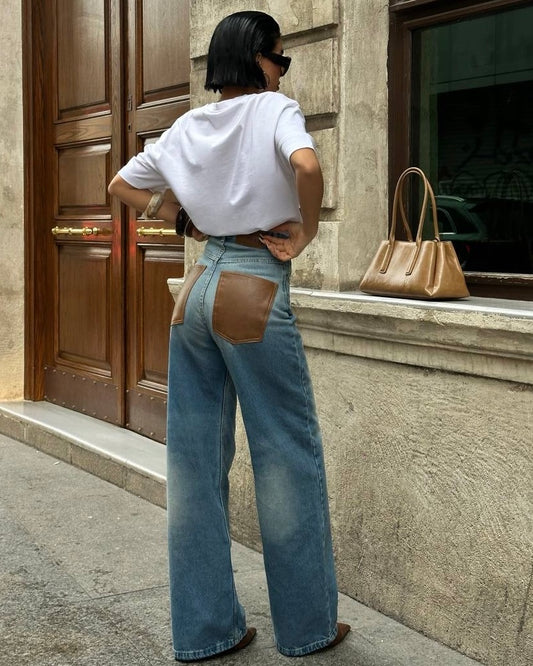 Leather Pocket Wide-Leg Pants| بنطلون واسع بتفاصيل جيوب جلد