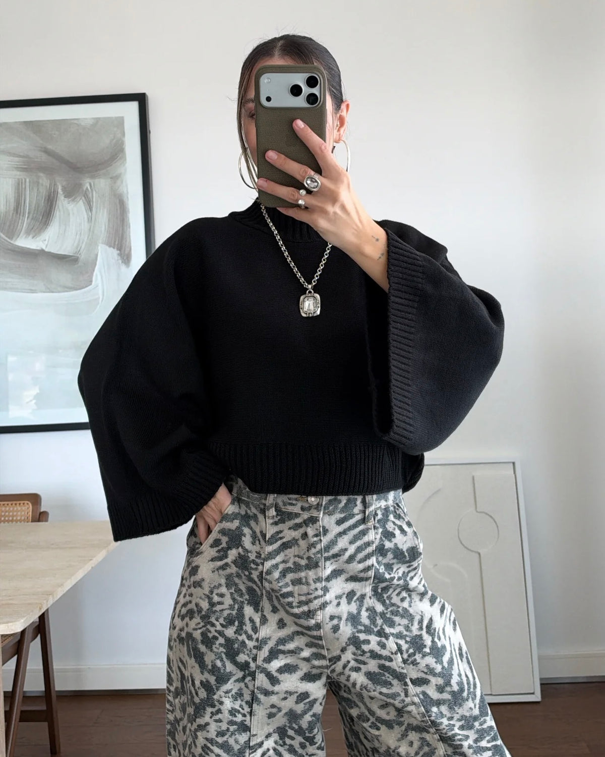 Black Oversized Knit Mock Neck Sweater with Wide Sleeves | بلوزة سودة بقصّة أوفرسايز وأكمام واسعة