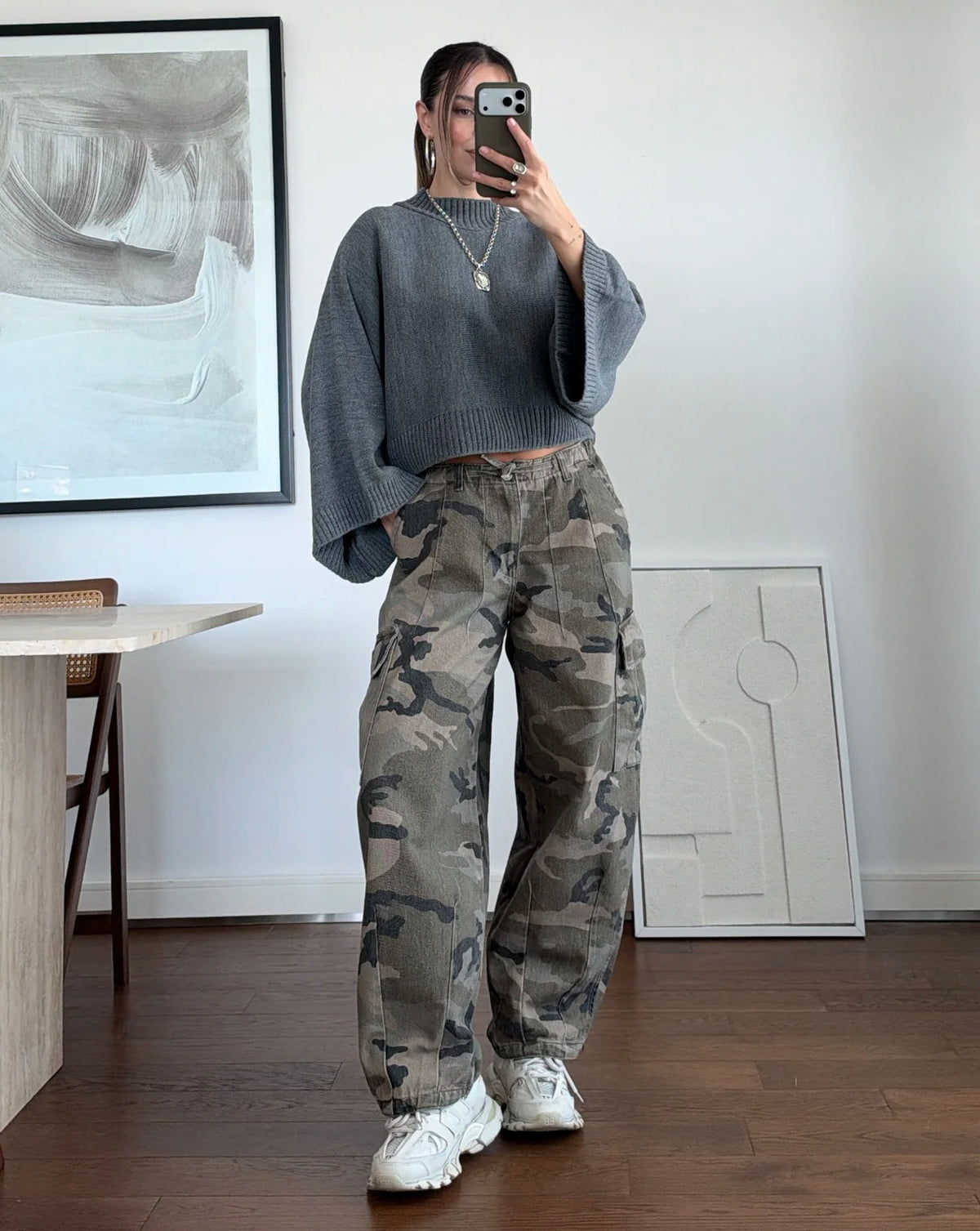 Grey Oversized Knit Mock Neck Sweater with Wide Sleeves | بلوزة رمادية بقصّة أوفرسايز وأكمام واسعة