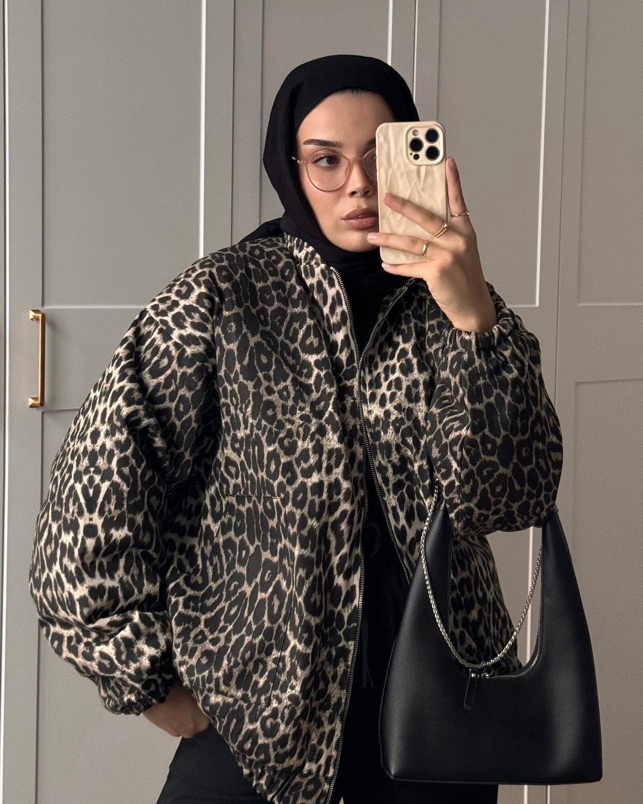 Leopard Print Puffer Jacket with Zipper