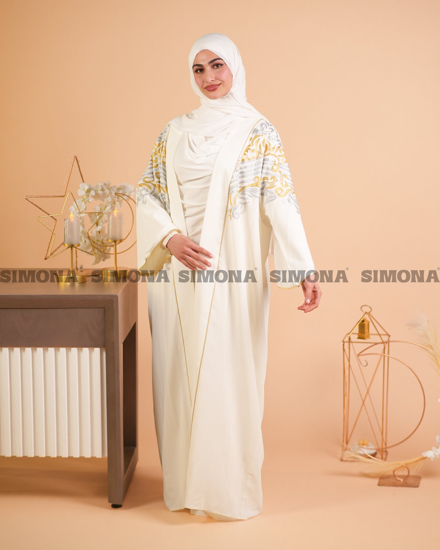 Elegant White Kaftan with Gold & Silver Embroidery on the Shoulders