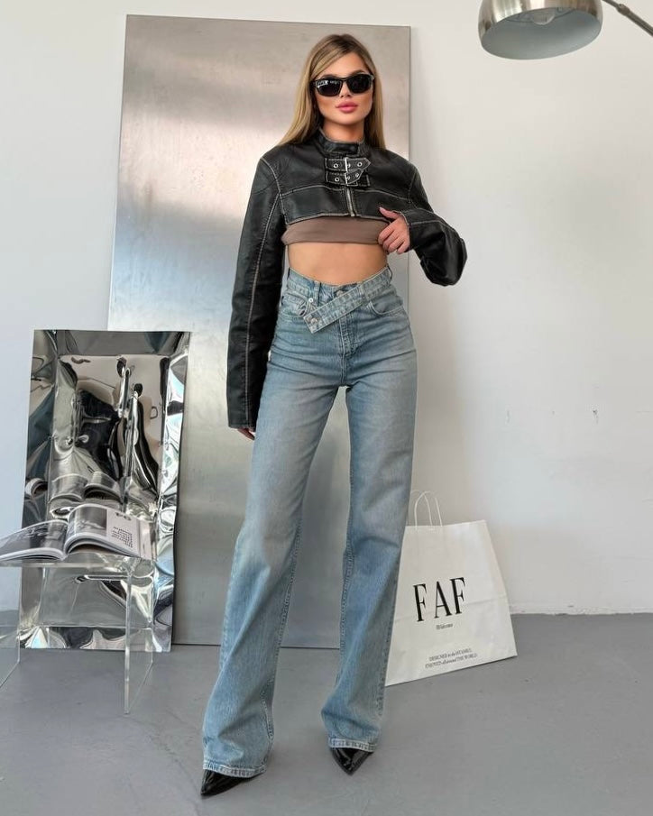 Asymmetric Waist High Rise Denim Jeans | جينز بخصر عالي وتصميم خصر غير متماثل
