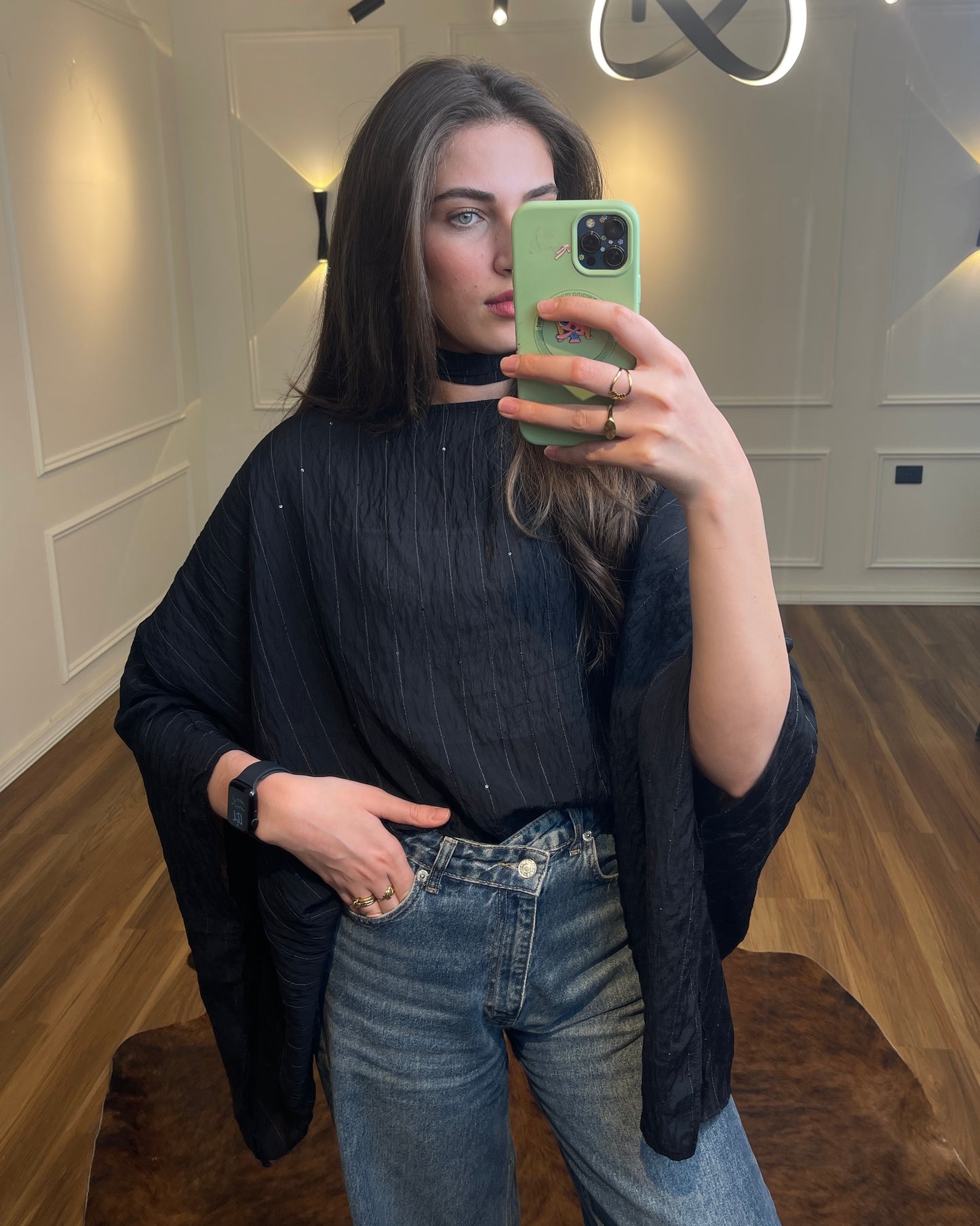 Black Sheer Poncho Blouse with Scarf Detail | بلوزة شيفون سودة بقصة واسعة مع شال
