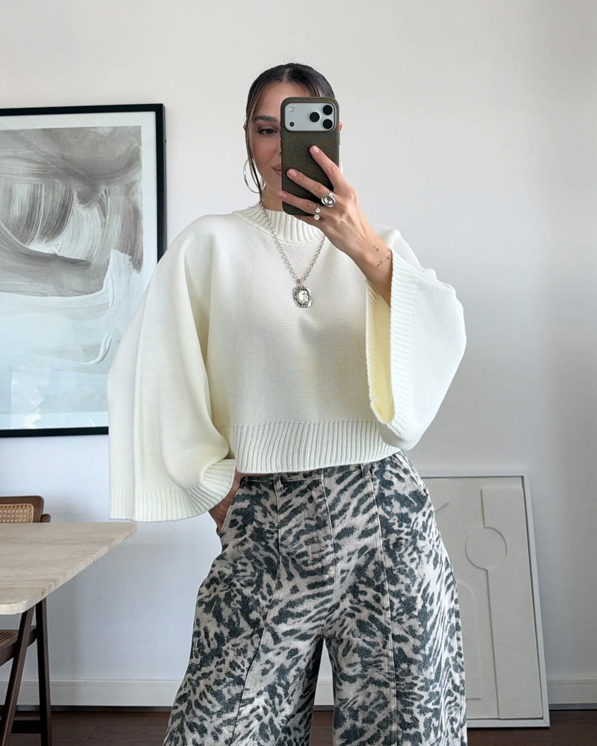 White Oversized Knit Mock Neck Sweater with Wide Sleeves | بلوزة بيضة بقصّة أوفرسايز وأكمام واسعة