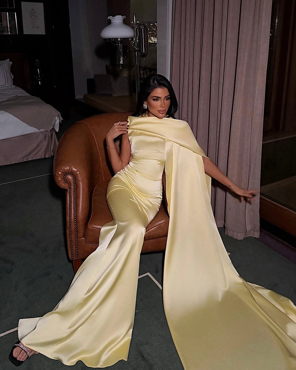 Elegant Yellow Satin Dress with Draped Scarf | فستان ساتان اصفر بقصة ضيقة مع شال منسدل