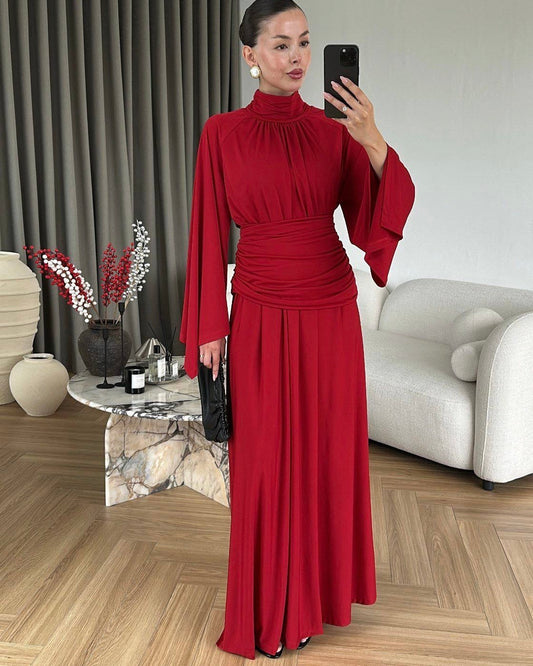 Elegant High Neck Maxi Dress with Ruched Waist & Flare Sleeves – Red | فستان ماكسي نسائي أنيق بياقة عالية، خصر بكسرات وأكمام واسعة –أحمر