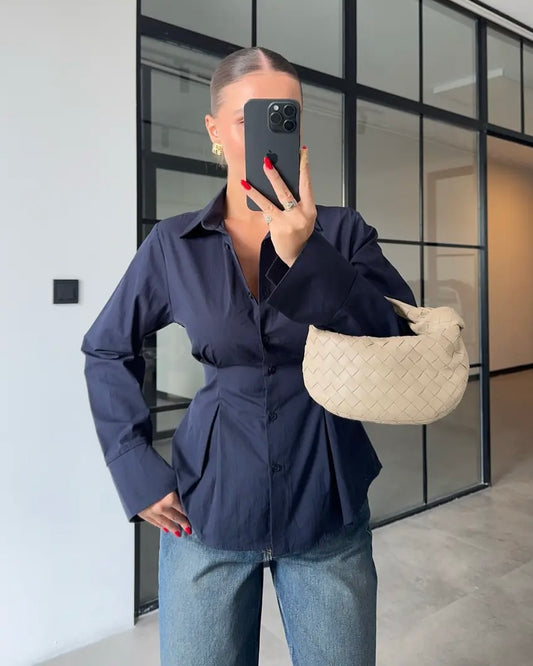 Navy Tailored Button-Down Shirt with Sculpted Waist & Wide Cuffs | بلوزة بأزرار بتصميم منحوت وأكمام واسعة باللون الكحلي