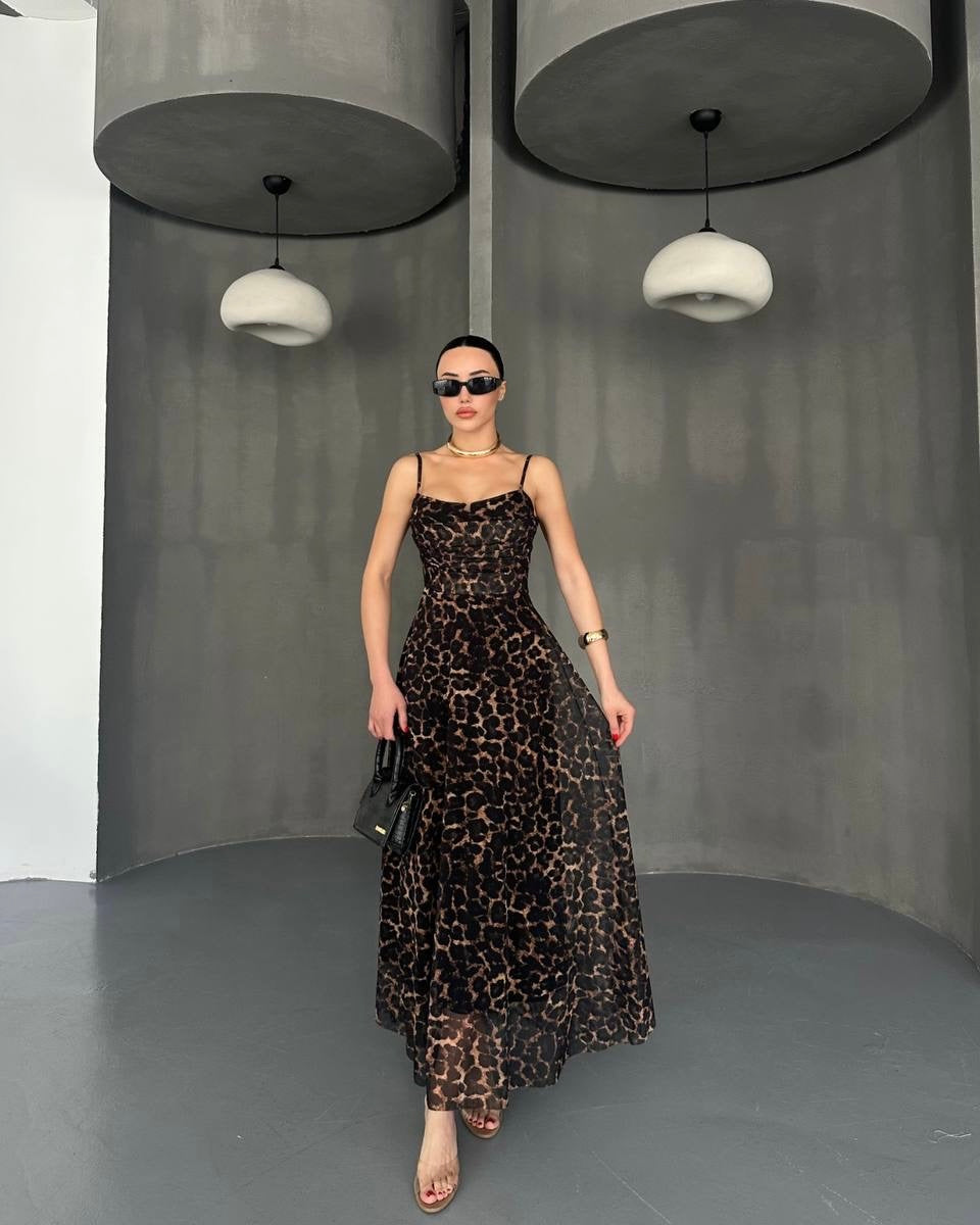 Elegant Leopard Print Mesh Maxi Dress | فستان ماكسي نسائي أنيق بنقشة ليوبارد