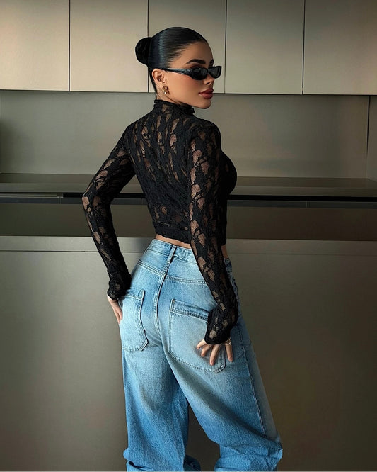 Black Lace Transparent Top | توب دانتيل شفاف باللون الاسود