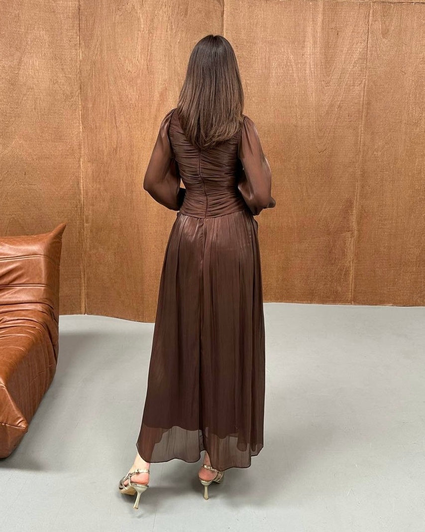 Elegant Chocolate Brown Ruched Chiffon Maxi Dress with Sheer Sleeves | فستان بني أنيق بكسرات على الخصر