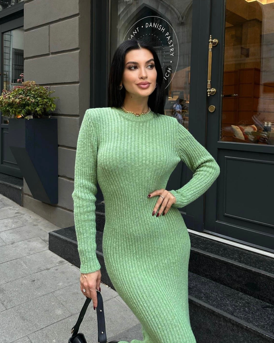 Green Knit Long Sleeve Dress