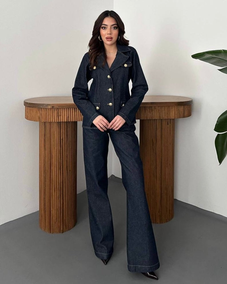 Premium Dark Denim Two-Piece Set | طقم جينز فخم بأزرار ذهبية