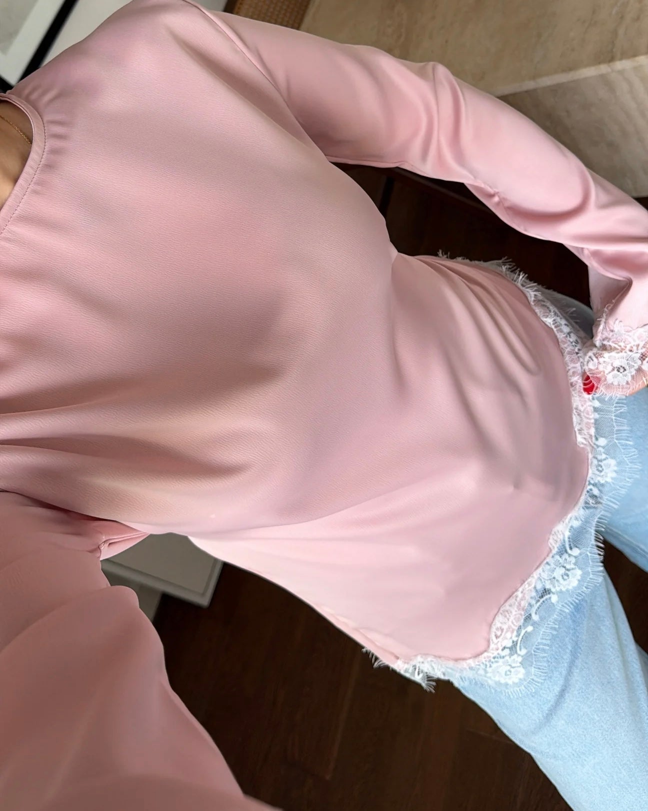 Elegant Pink Satin Blouse with Lace Trim | بلوزة ساتان زهر أنيقة بتفاصيل دانتيل