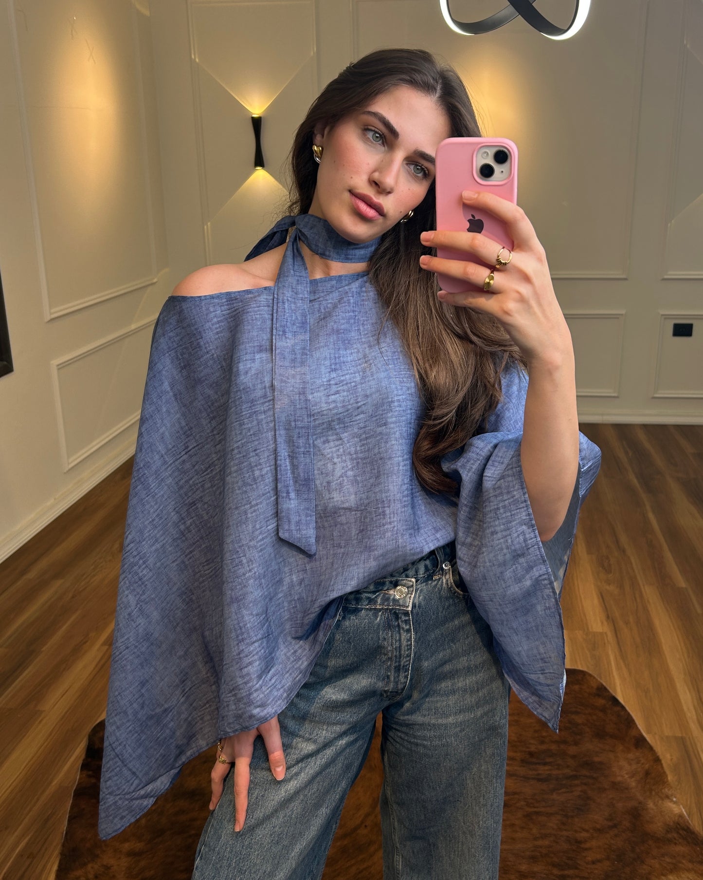 Blue Flowy Cape Top | بلوزة كاب انسيابية باللون الأزرق