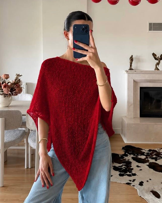 Ruby Red Knit Shawl Top with Asymmetric Hem | بلوزة حمراء بأطراف غير متساوية
