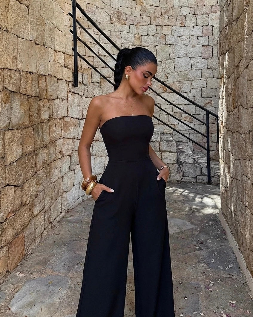Black Elegant Strapless Jumpsuit | جمبسوت أسود أنيق بدون أكتاف