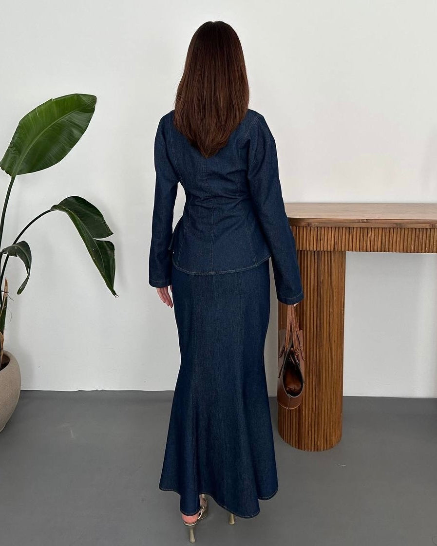 Tailored Top with Front Buttons and a Long Skirt | طقم بلوزة مفصلة وتنورة طويلة