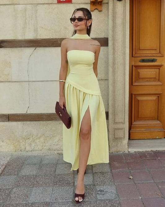 Yellow Evening Strapless Dress with Elegant Back Tie | فستان أصفر سترابلس برباط خلفي أنيق وشال منسدل