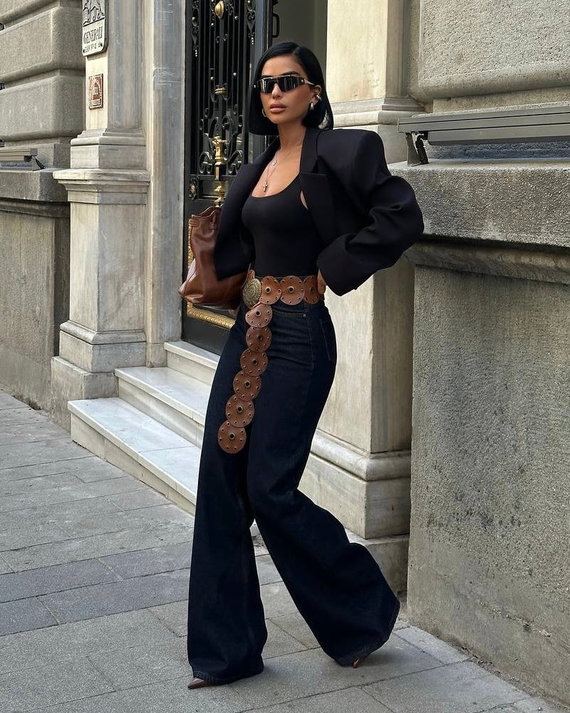 Indigo High Rise Wide Leg Jeans | بنطلون جينز واسع بلون دينم غامق