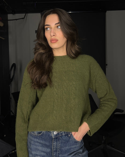 Olive Green Knit Braided Sweater | سويتر محاك مضفر باللون الزيتوني