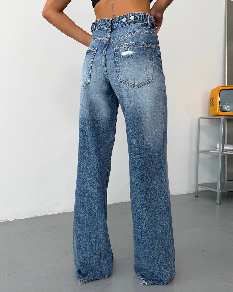 Denim High Waist Wide-Leg Jeans with Vintage Wash Effect | جينز بقصة واسعة وخصر عالي