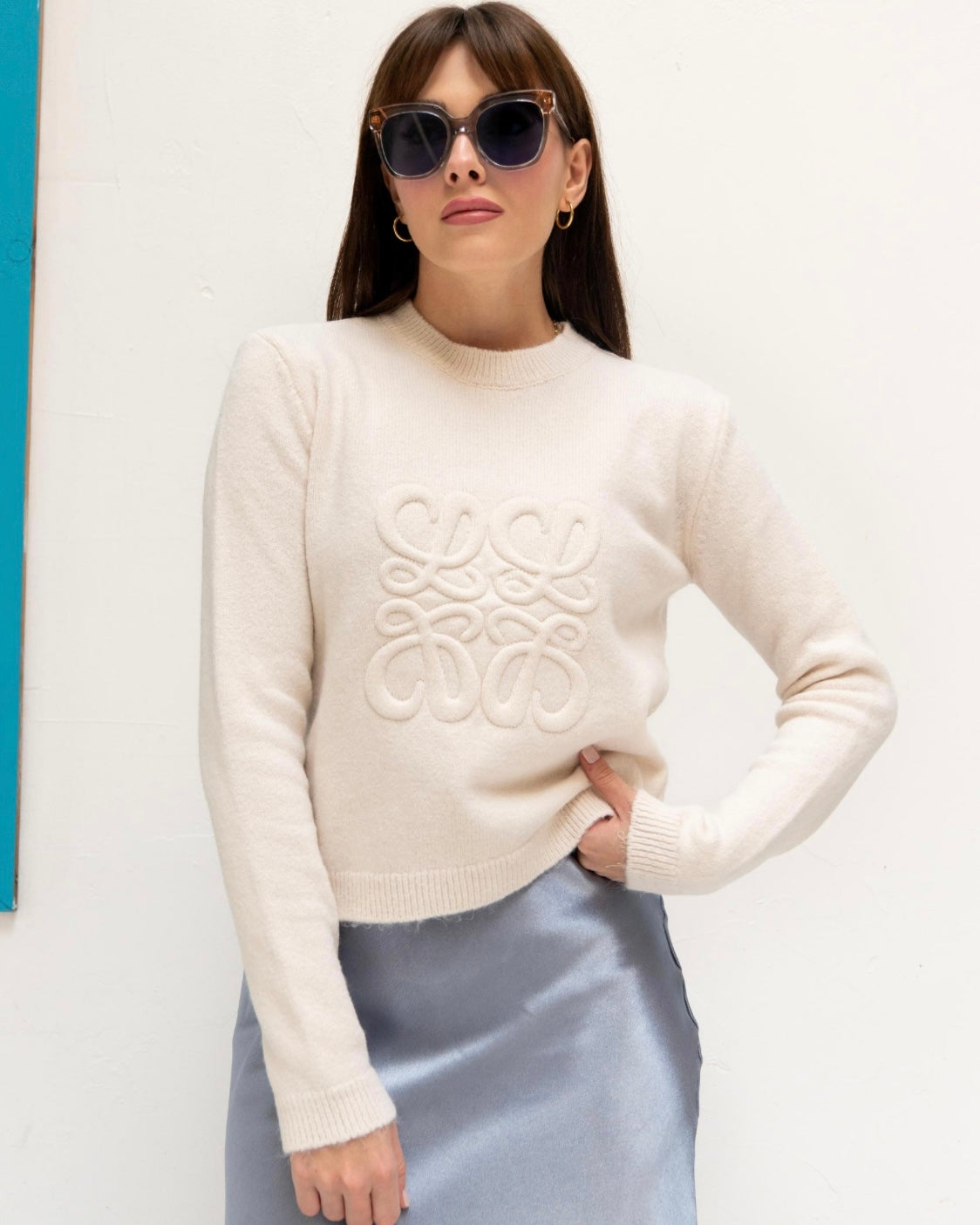 Cream Embossed Patterned Knitwear Sweater