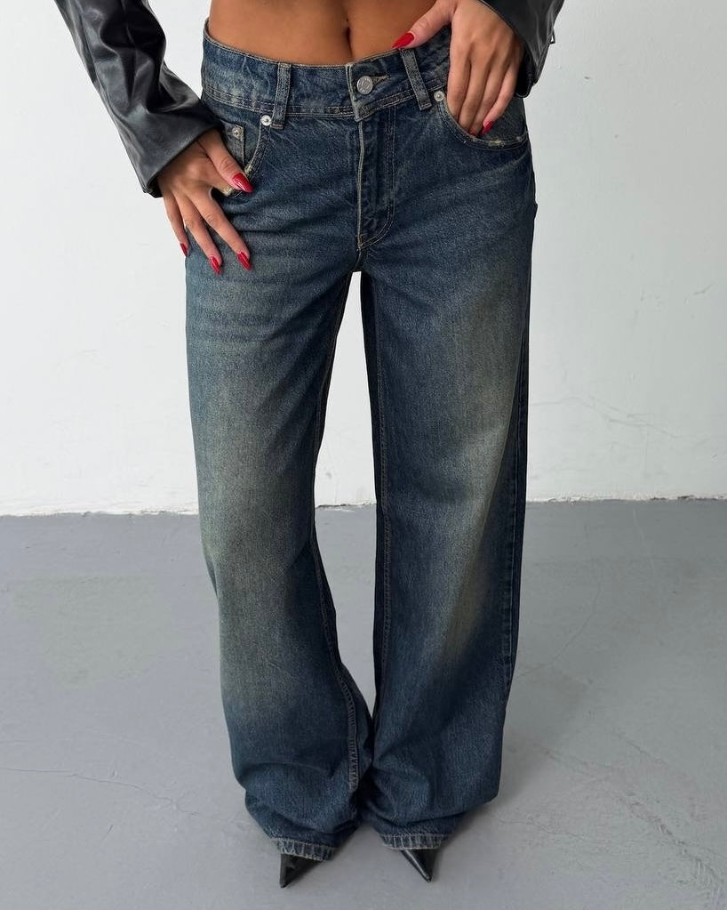 Vintage Wash Wide-Leg Denim Jeans | جينز ڤينتج بقصة واسعة وخصر عالي