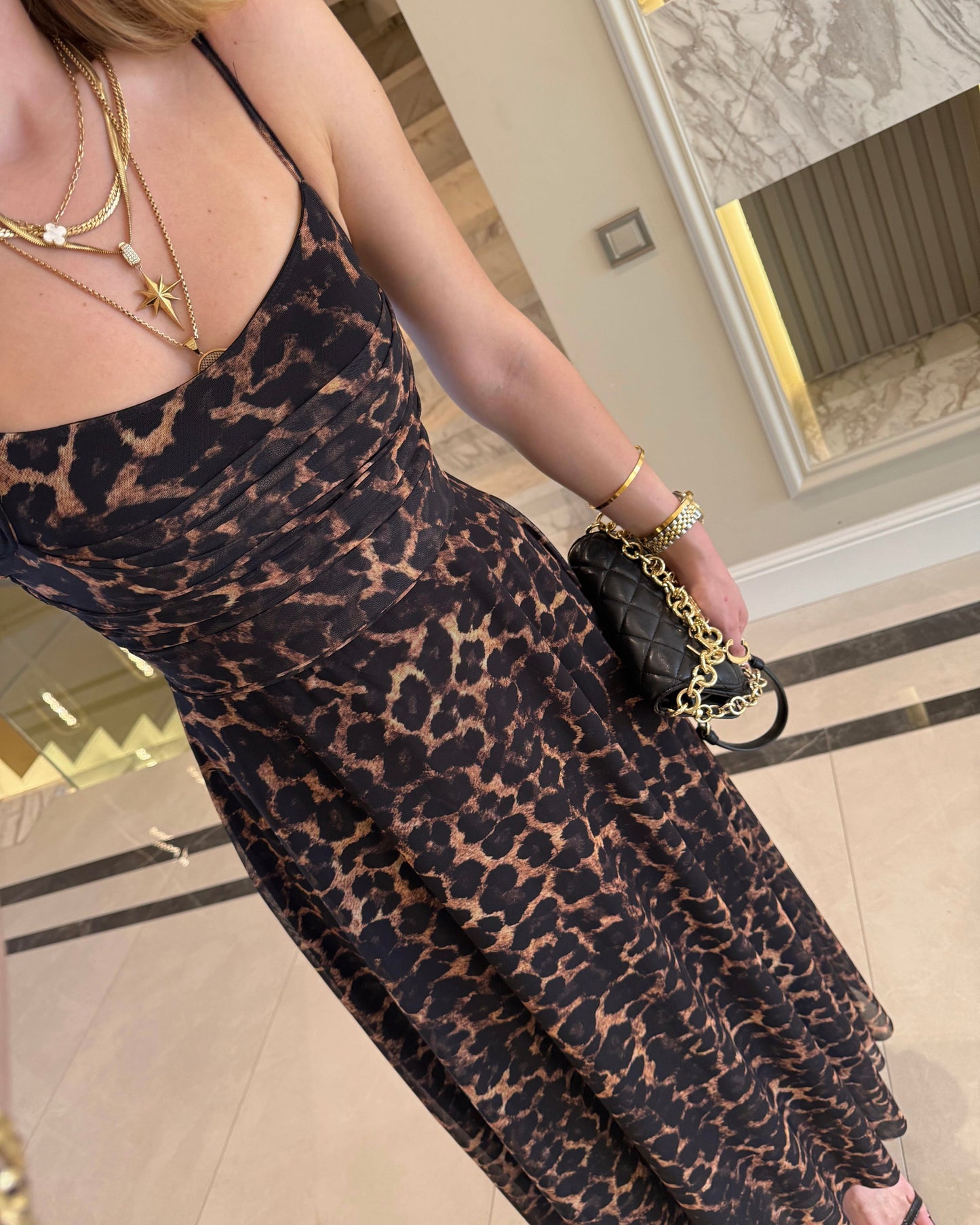 Elegant Leopard Print Mesh Maxi Dress | فستان ماكسي أنيق بنقشة ليوبارد