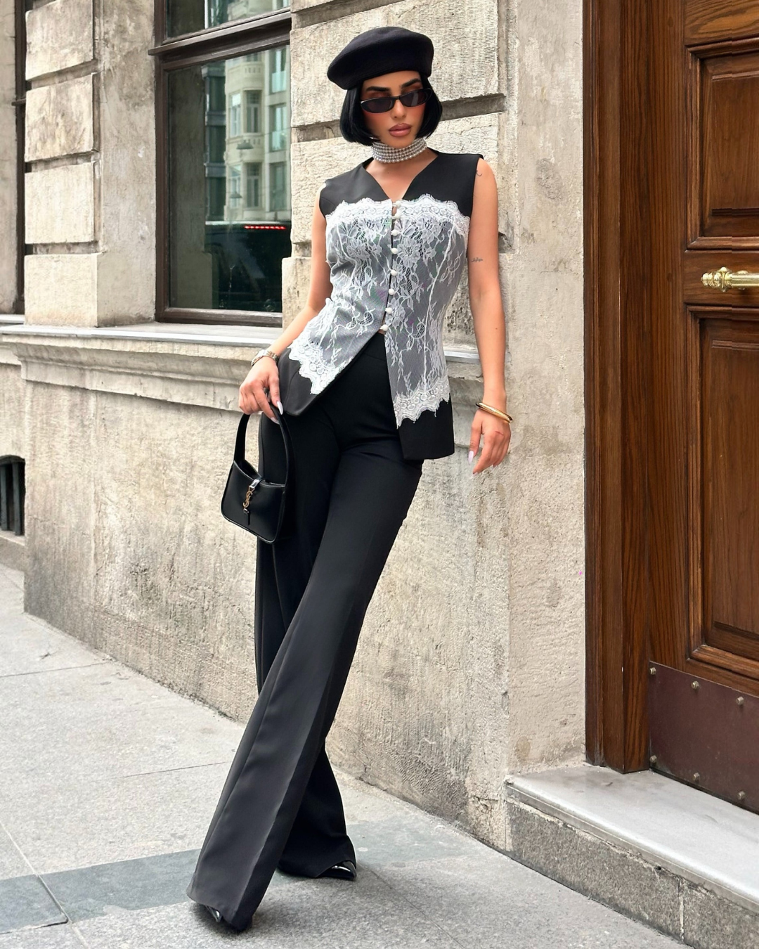 Black Lace Vest & Wide-Leg Pants Set | طقم فيست دانتيل وبنطلون واسع باللون الاسود