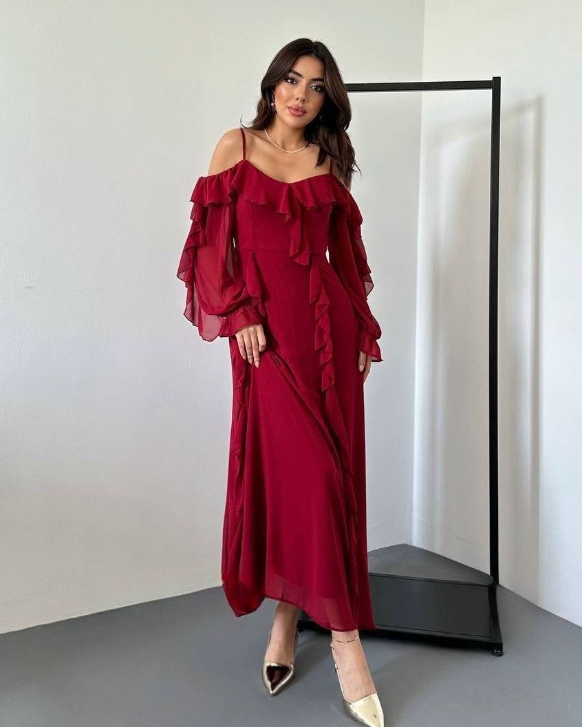 Long Red Dress with an Off-Shoulder Design | فستان أحمر طويل