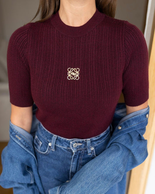 Maroon Crew Neck Sweater With Brooch