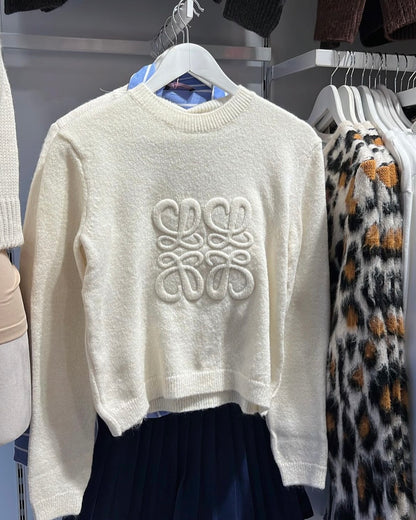 Cream Embossed Patterned Knitwear Sweater