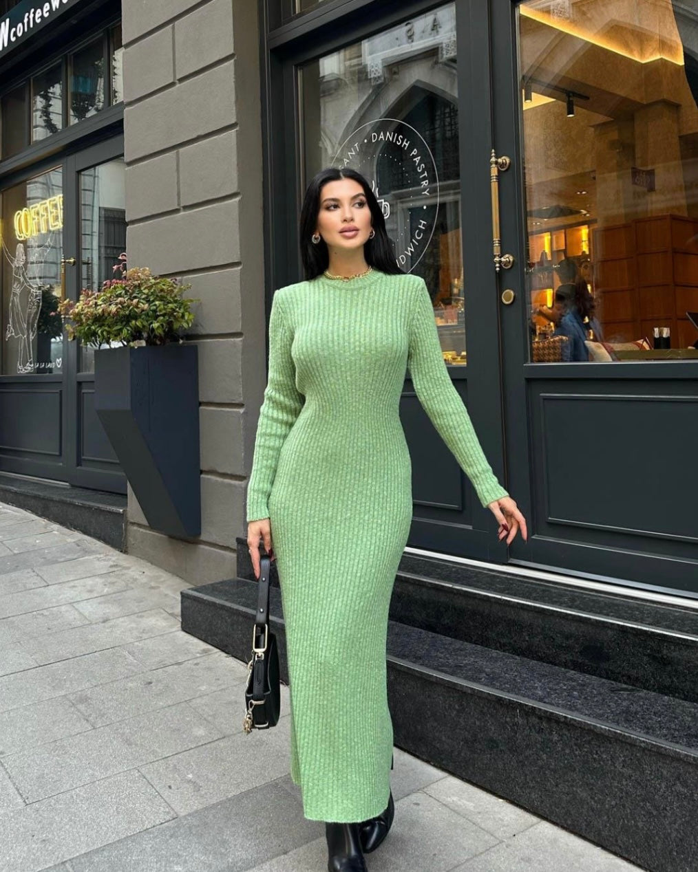 Green Knit Long Sleeve Dress