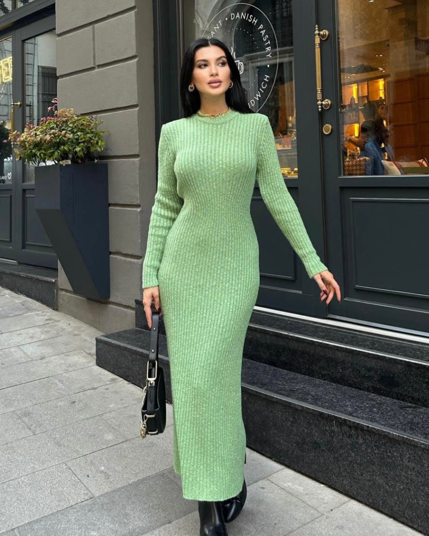 Green Knit Long Sleeve Dress | فستان صوف أخضر طويل
