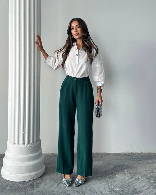 ‏Emerald Green Wide-Leg High-Waist Trousers | بنطلون بخصر عالٍ بلون الاخضر الزمردي