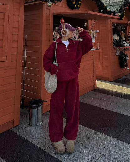 Burgundy Fleece Pullover and Pants Set