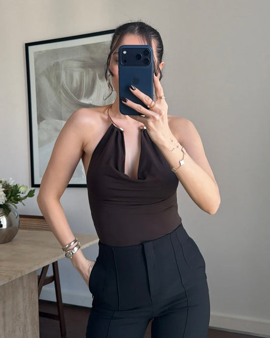 Elegant Brown Halter Neck Top with Gold Hardware Detail | توب بني أنيق بياقة هالتر وتفصيلة معدنية ذهبية