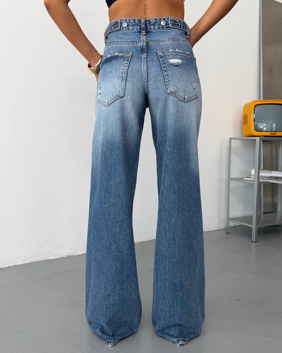 Denim High Waist Wide-Leg Jeans with Vintage Wash Effect | جينز بقصة واسعة وخصر عالي