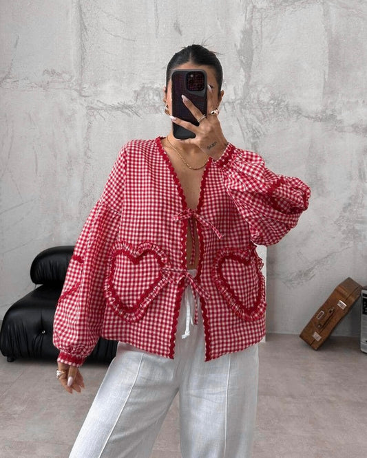 Blouse With a Red Gingham Pattern & Heart Details | بلوزة بنقشة مربعات باللون الأحمر وتفاصيل قلب
