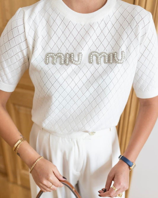 MIU MIU White Pearl Short Sleeve Top