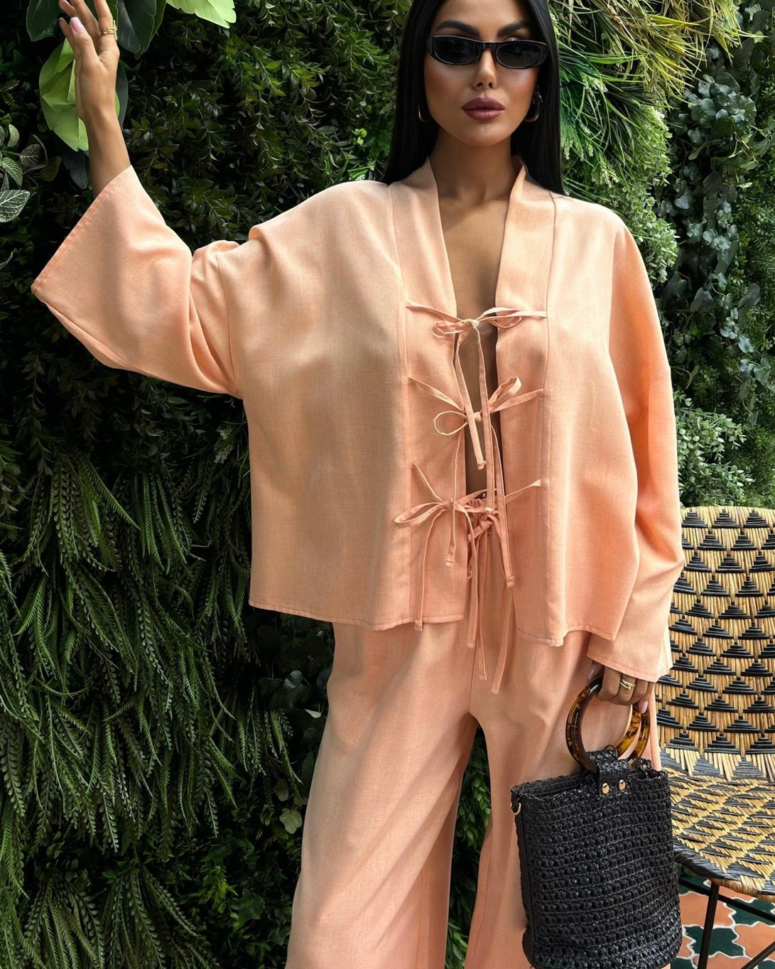 ‏Peach Tie Front Casual Set |  طقم كاجوال مشمشي برباط امامي