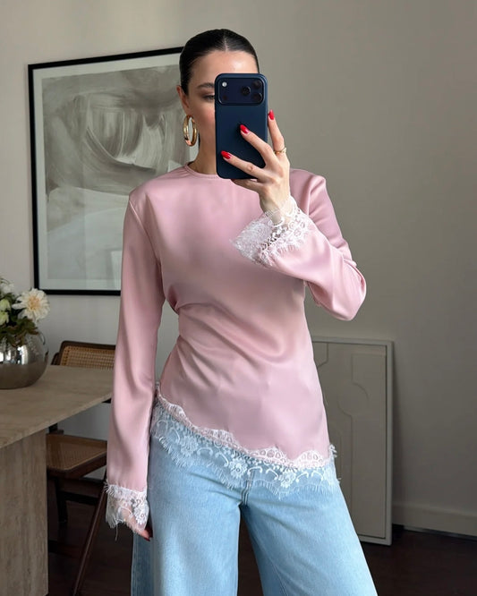Elegant Pink Satin Blouse with Lace Trim | بلوزة ساتان زهر أنيقة بتفاصيل دانتيل